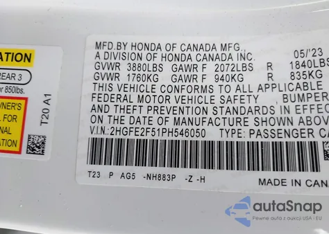 2023 Honda Civic Sport из США, поврежденный, VIN 2HGFE2F51PH546050